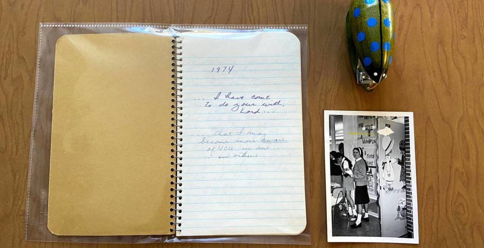 HandwrittenjournalfromDorothy'sfinalsemesteratBeaumont(spring1974),Dorothy'sladybugstaplerfromherteachingdaysatSacredHeartAcademyorBeaumont,50sDayatBeaumont(Dorothyinherhomeroom,1972)