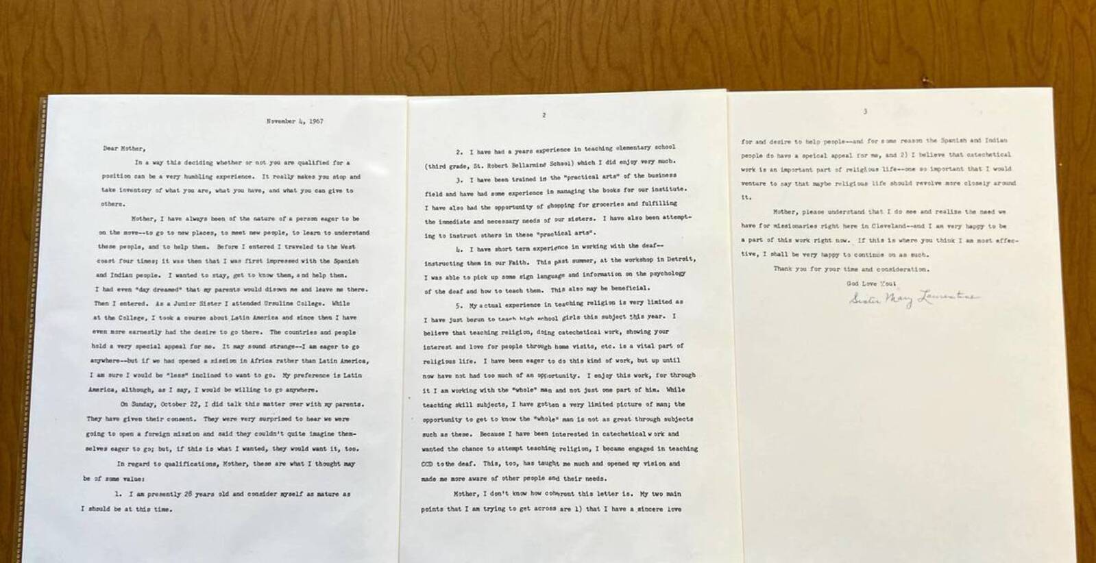 Letter(copy)DorothywrotetoMotherAnnunciata,applyingfortheClevelandLatinAmericanMission(CLAM)Team(Nov.4,1967)